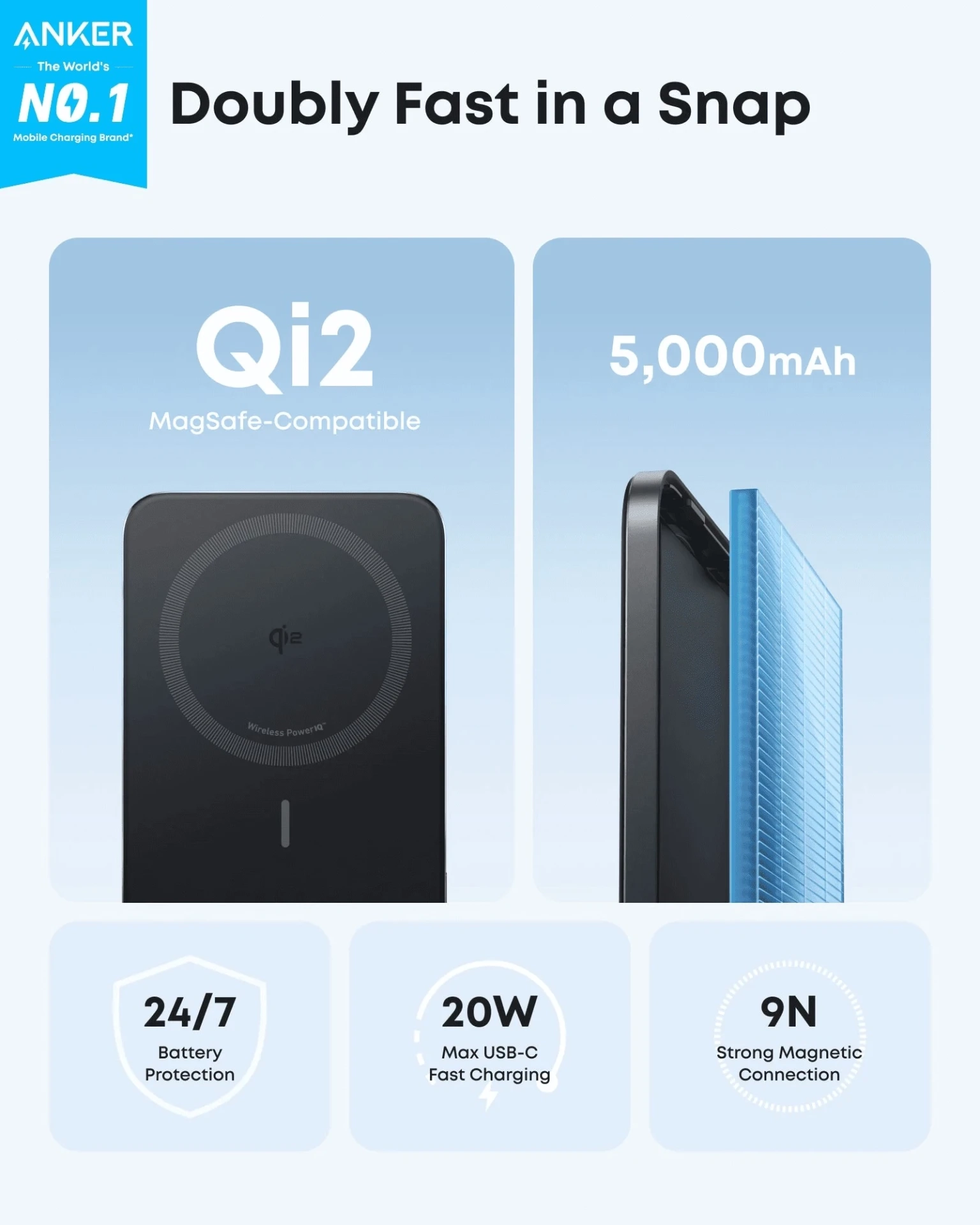 Універсальна мобільна батарея Anker Nano MagGo Slim 5000mAh 20W Black (A1665H11)
